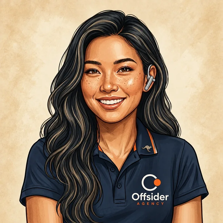 Illustrated portrait of Jessica, the Offsider Agency AI receptionist, wearing a navy Offsider polo and a headset.